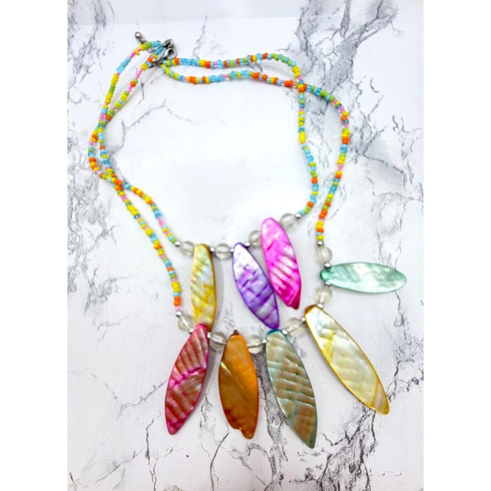 Colorful Surfboard Shell Necklace Double Strand Beaded Tropical Statement 20"‎